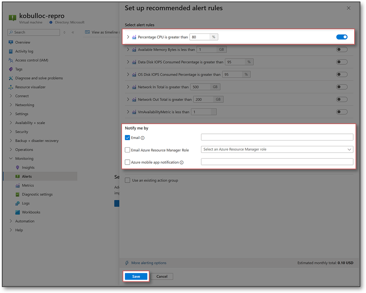 How to setup an alert for ubuntu 22.04 VM deployed in azure exceeding ...