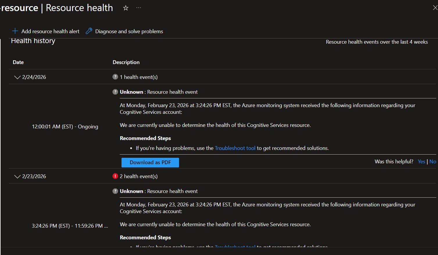 EU2 Azure Foundry Project Resource Health : the Azure monitoring system ...