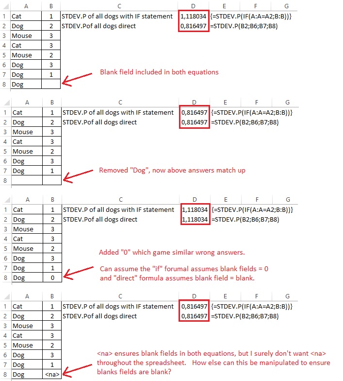 STDEV.P formula with IF statement giving inconsistent returns ...