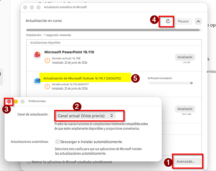 Actualización automática de MicrosoftActualización en curso4PausaropInstalando - 1 segundo restanteActualizaciones disponiblesMicrosoft PowerPoint 16.110Versión actual: 16.108!Instalado: 22 de junio de 2026Actualización5.1,06 GBentidadActualización de Microsoft Outlook 16.110.1 (26062112)Versión actual: 16.110.26061317Instalado: 23 de junio de 20265!Verificando la instalación3PreferenciasCanal de actualización:2Canal actual (Vista previa)Actualización350,3 MBPruebe las nuevas funciones en compilaciones totalmente compatibles antes de que estén ampliamente disponibles y proporcione comentarios.Actualizaciones automáticas:Descargar e instalar automáticamenteSeleccione esta casilla para que sus aplicaciones de Microsoft instalen las actualizaciones automáticamente.Mantener las aplicaciones de Microsoft actualizadas automáticamente1Avanzado...