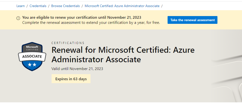Error 404: Renewal for Microsoft Certified: Azure Administrator