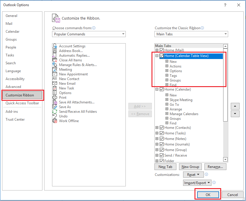 How do I access the calendar table view in the Outlook ribbon ...