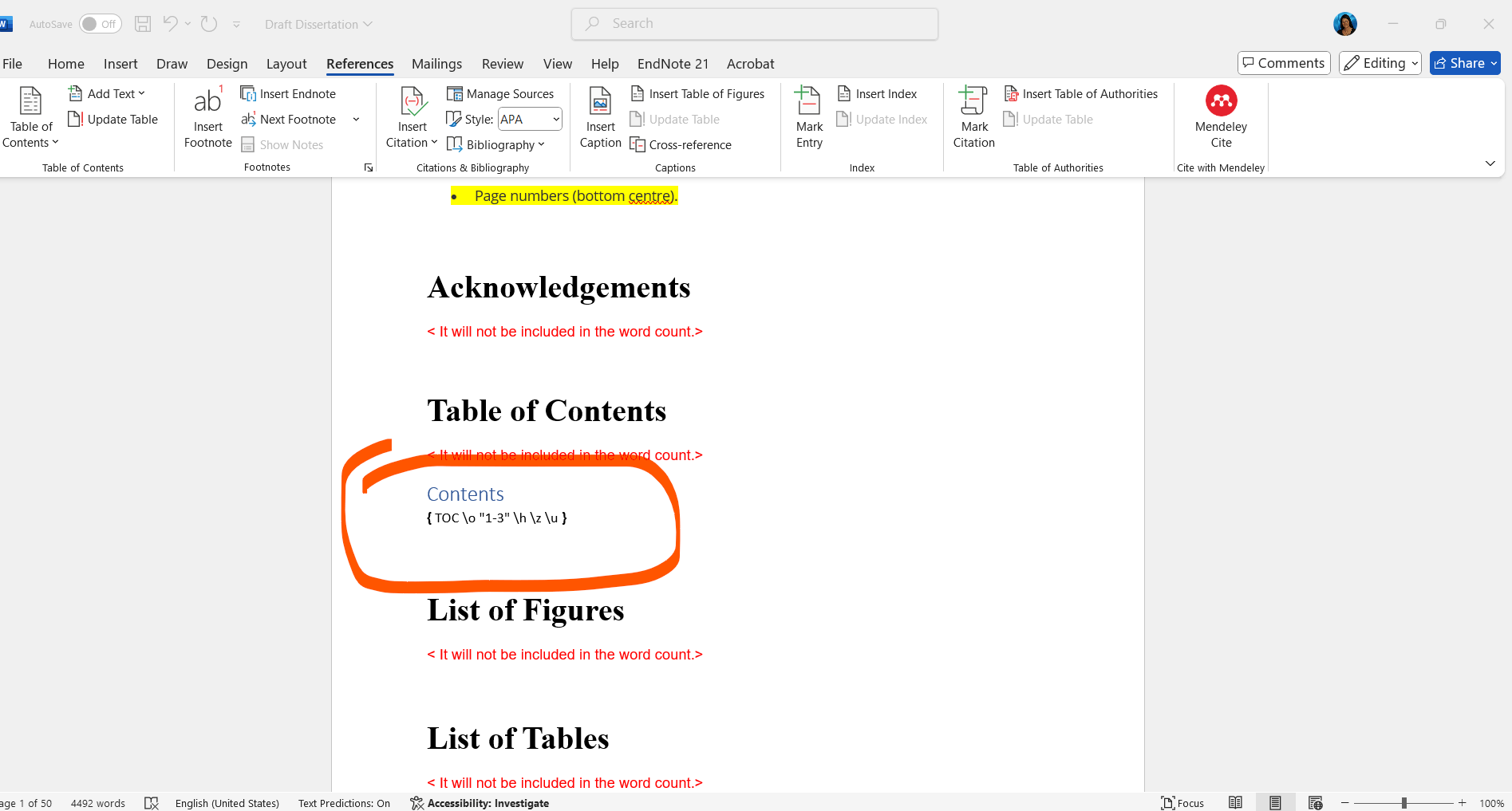 table of content in word not working