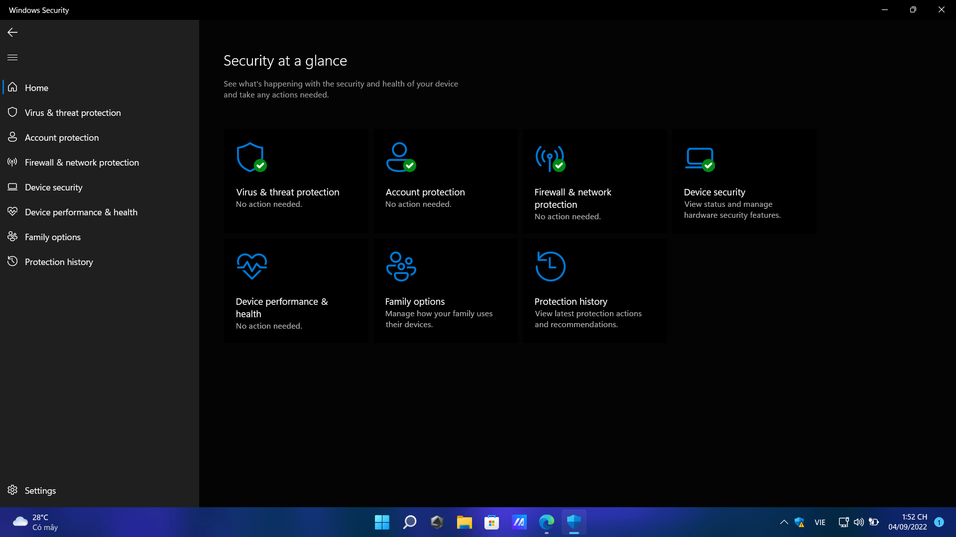 Windows security has a yellow exclamation mark with Recommended Actions ...