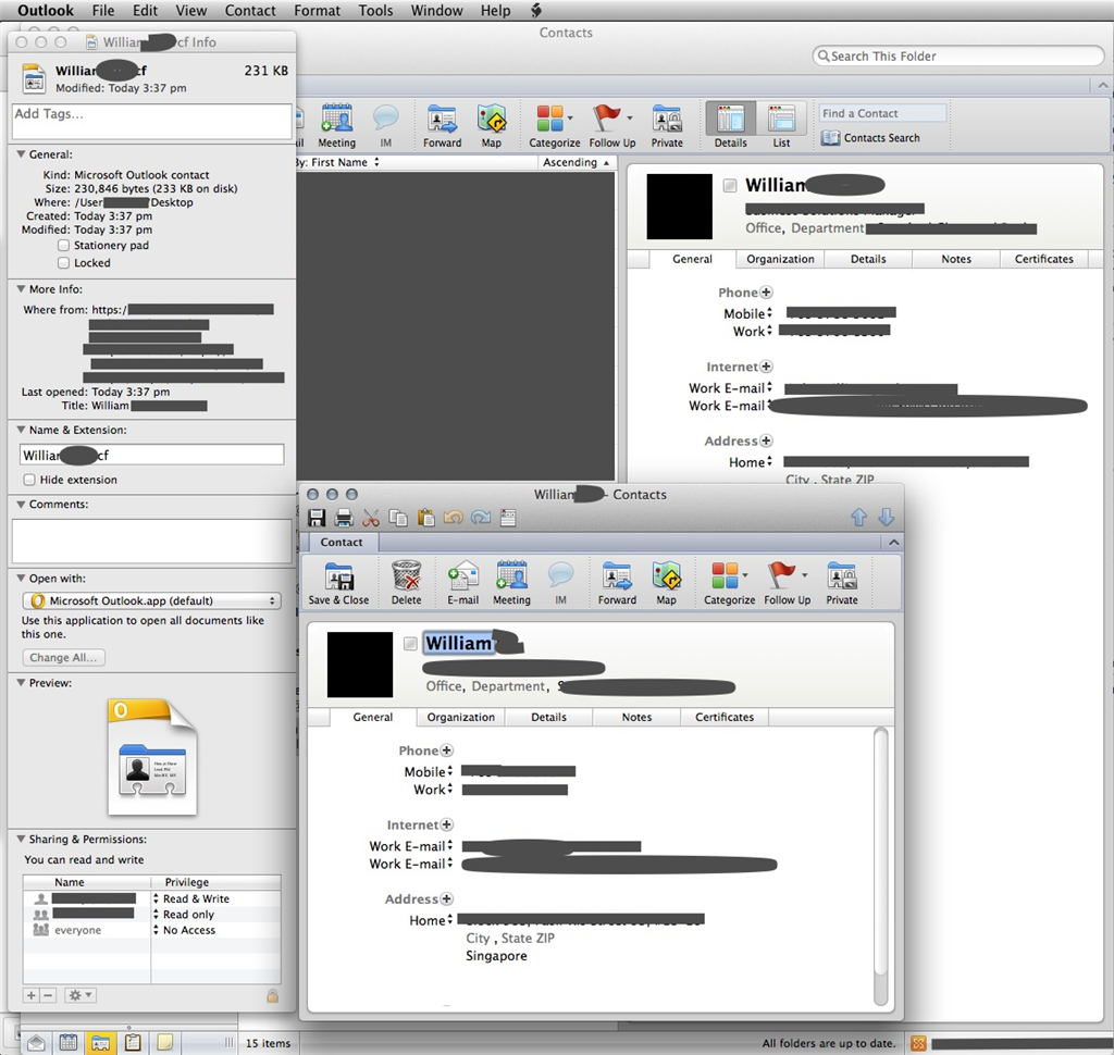 vcf card opens up as an email attachment on Outlook for Mac 2016 ...