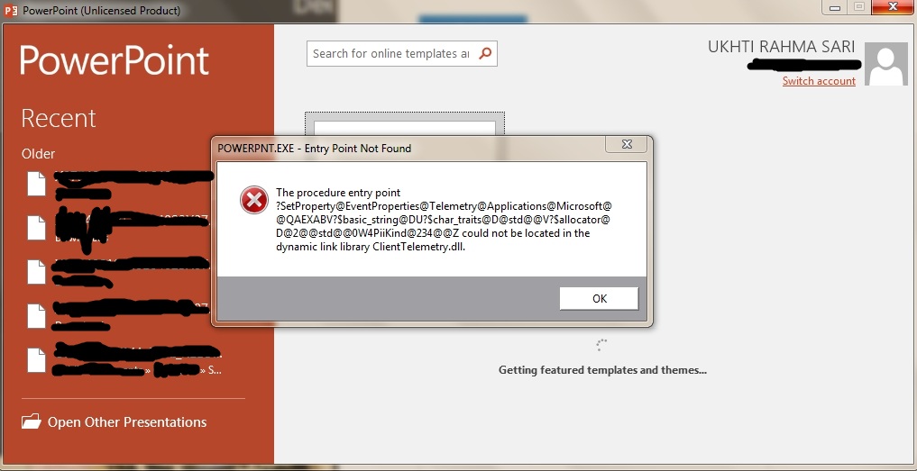 Powerpoint does not work and pops up with 