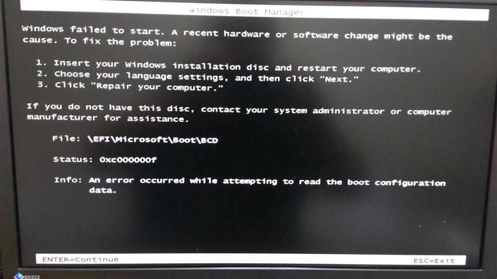 PC起動時に0xc000000fのエラーコードが表示され、WoLを利用できない