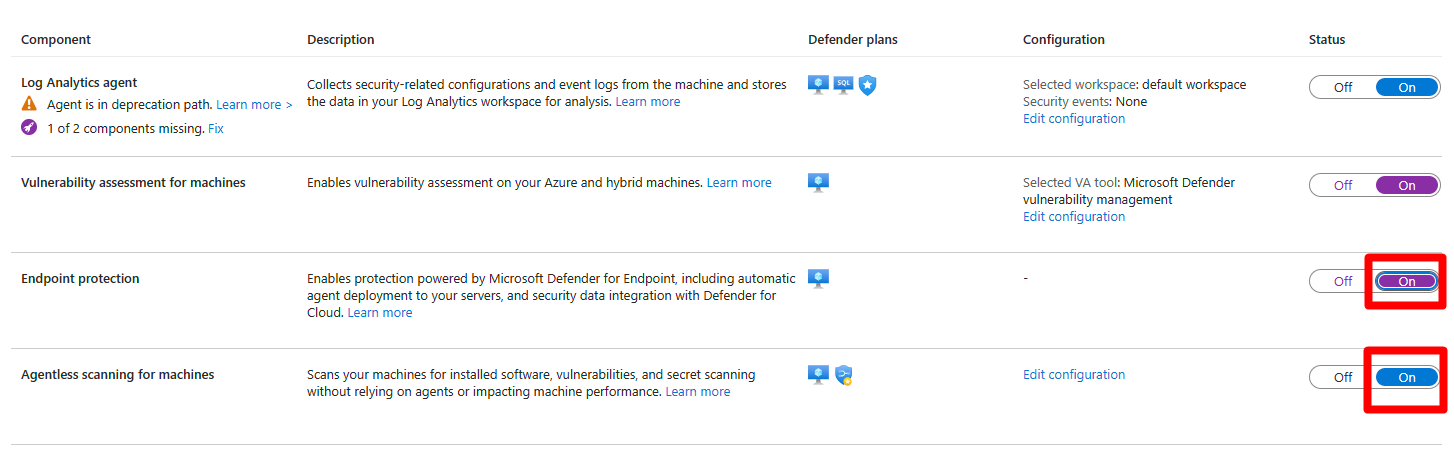 Screenshot that shows where to turn on endpoint protection and agentless scanning for machines is located.