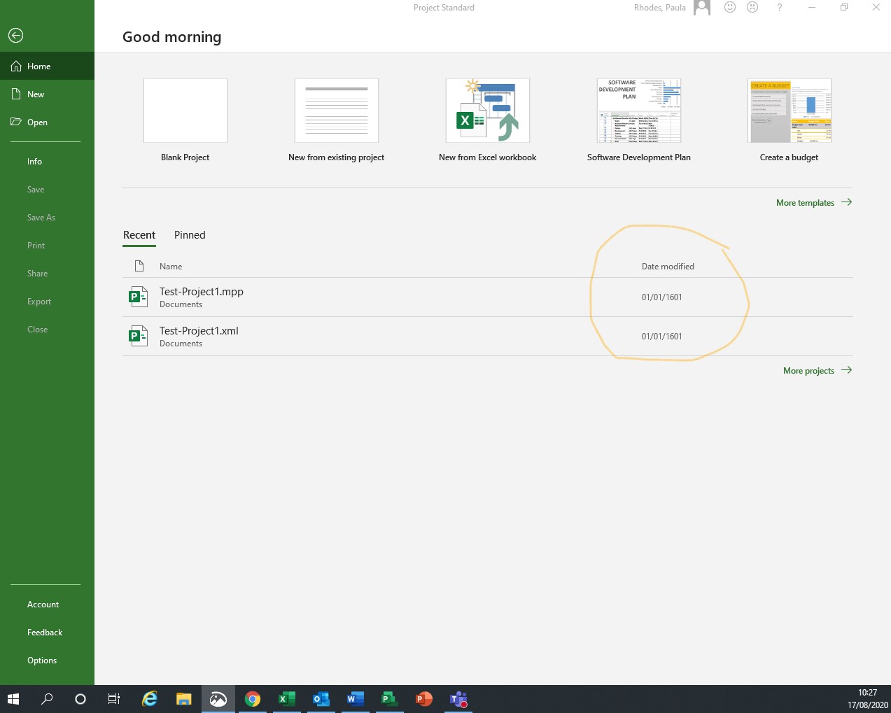 MS Project Standard 2016 - Modified Date 01/01/1601 - Microsoft Q&A