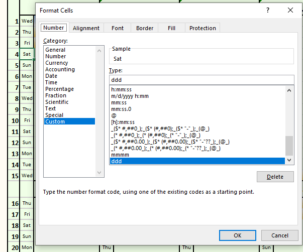 Conditional formatting cells formatted DDD when using =DATE(I_Yr,1,1 ...