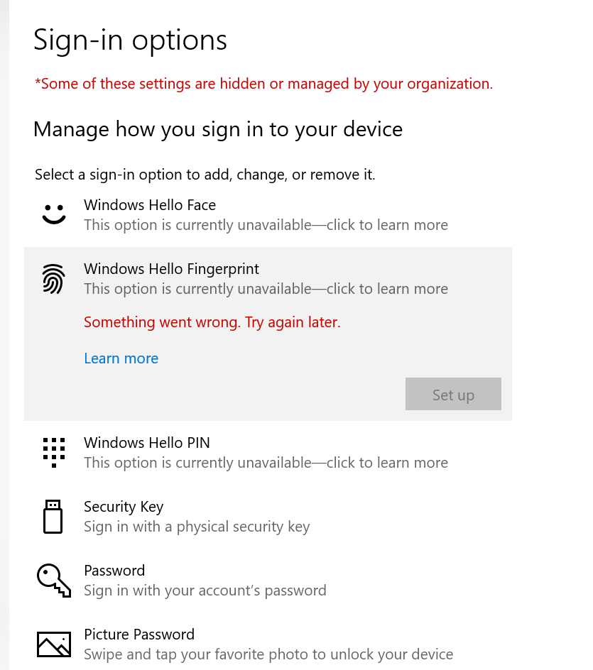 Set up Windows Hello ไม่ได้ มีข้อความ Some of these settings are hidden ...
