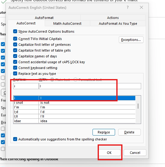 how to auto-capitalise the letter i in emails in Outlook.365 ...