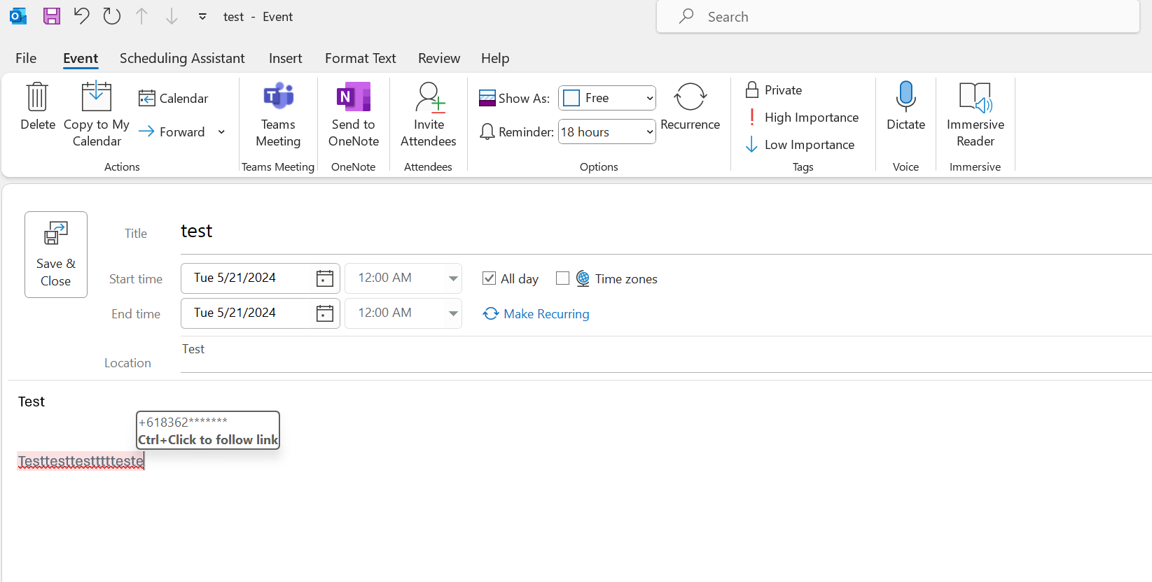 How do I create a hyperlink to a number in Outlook calendar ...