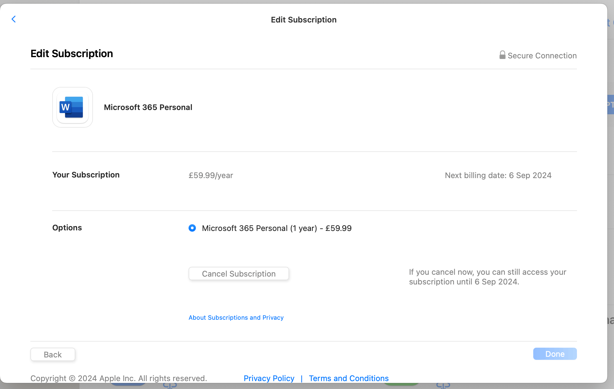 microsoft subscription through apple