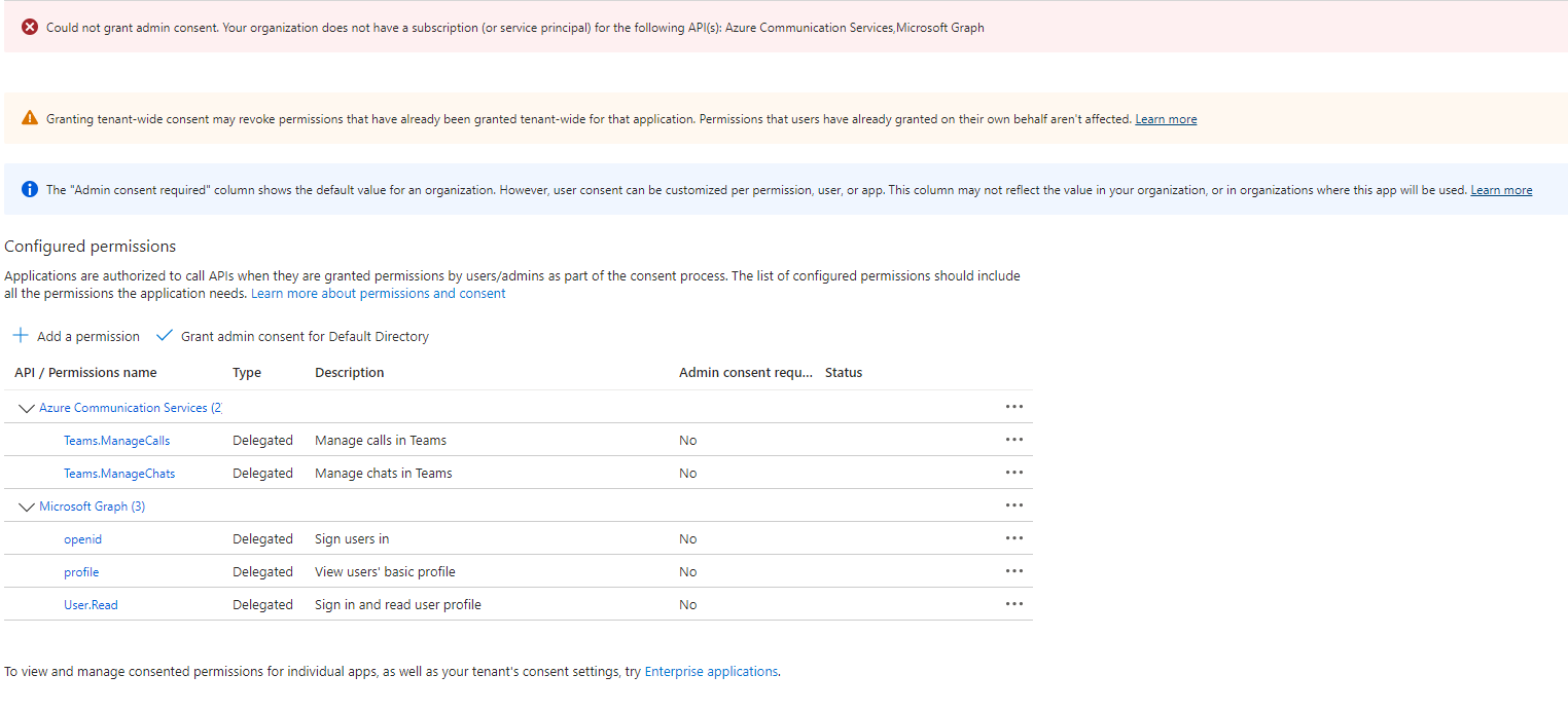 Could not grant admin consent. Your organization does not have a ...