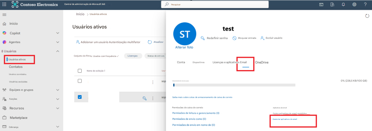 Contoso ElectronicsCentral de administração do Microsoft 365Pesquisar=InícioUsuários ativosInícioUsuários ativosCopilotAgentesAdicionar um usuário Autenticação multifatorAtualizarAlterar foto8 UsuáriosConjunto de filtros: Usados ​​com frequência ✓LicençasStatus de entradaUsuários ativosContatosUsuários convidadosNome de exibição ↑Π:sopUsuários excluídosEquipes e gruposFunçõesRecursosMarketplaceCobrançatestSTRedefinir senhaBloquear entradaExcluir usuárioContaDispositivosLicenças e aplicativos EmailOneDriveUsarArmazenamento de caixa de correiosopSaiba mais sobre cotas de armazenamento de caixa de correioPermissões de caixa de correioPermissões de leitura e gerenciamento (0)Permissões de envio como (0)Permissões de envio em nome de (0)Aplicativos de emailOutros aplicativos de email permitidosGerenciar aplicativos de emailΣ?0% (238,5 KB/100 GB)
