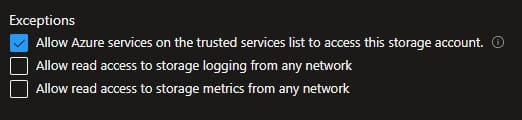 In the case of an Azure storage account configured with an Azure network private endpoint, we suggest removing the private endpoint for the blob in the storage account.As for Azure AFD standard SKU, the origin should be internet-facing.do try by checking the Azure resource exceptions at the bottom of the configuration,This should work if AFD is listed under trusted services