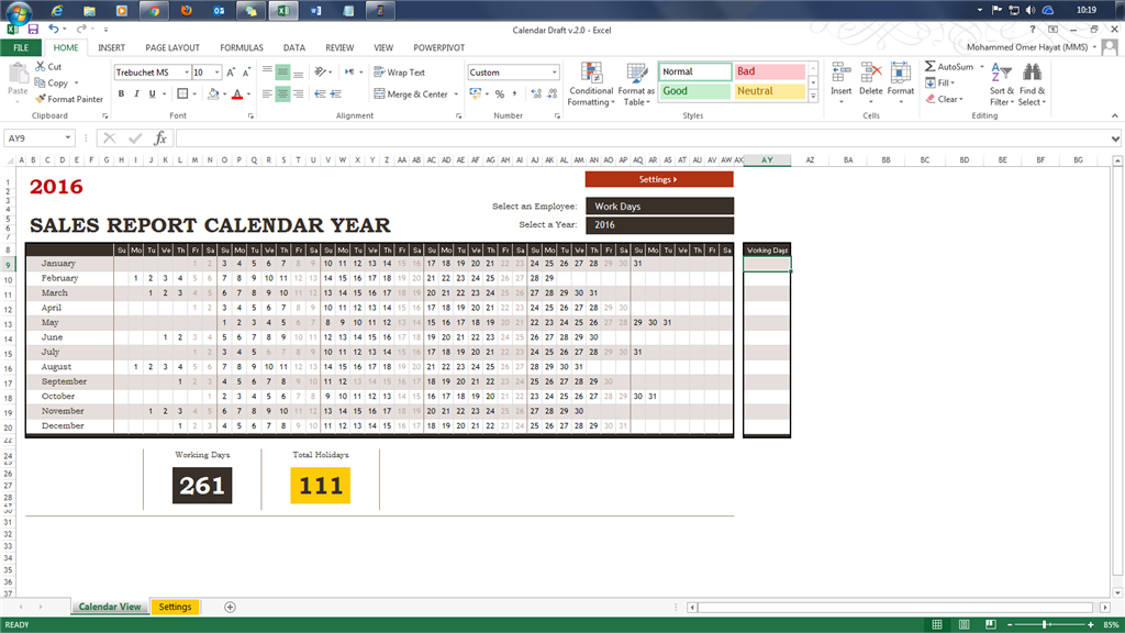 How to calculate number of working days in each month in the calendar ...