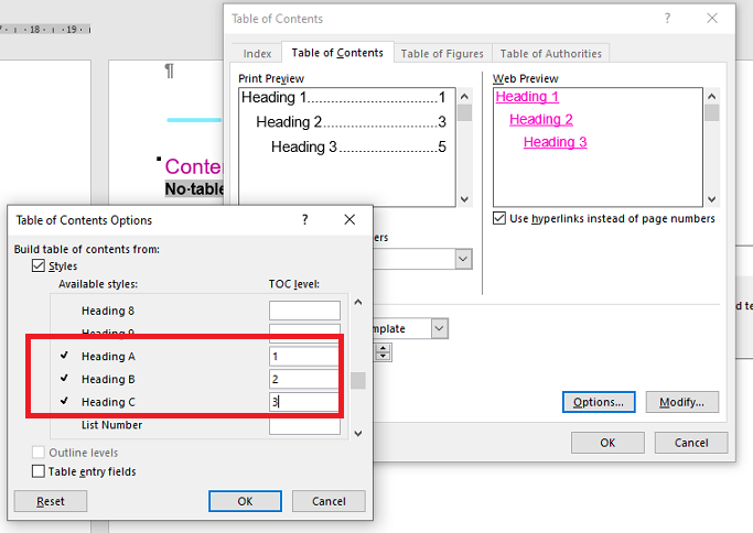 table of contents word links not working