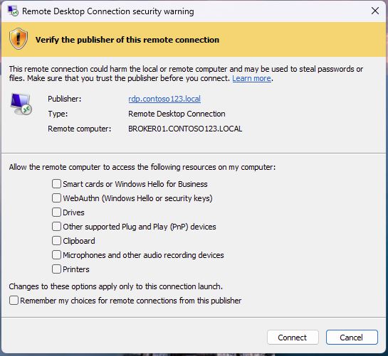 RDP files with a verifiable publisher Security warning popup issue ...