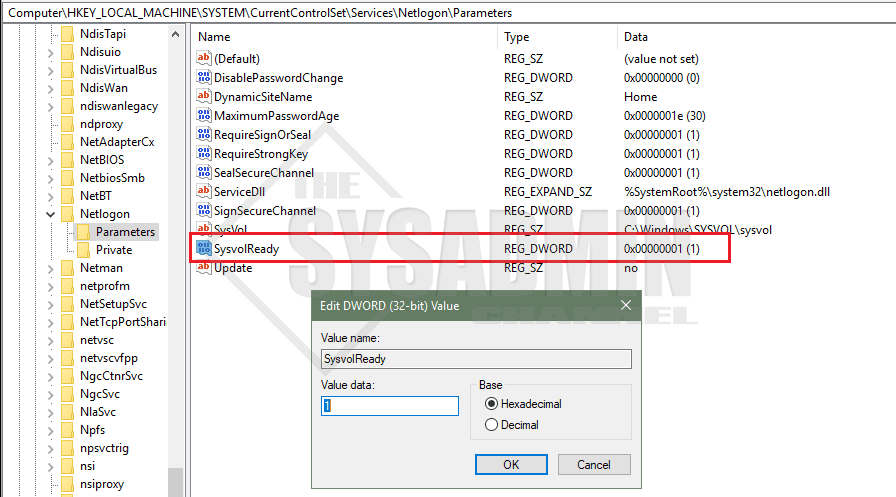 Sysvol Regedit missing sysvol and netlogon shares
