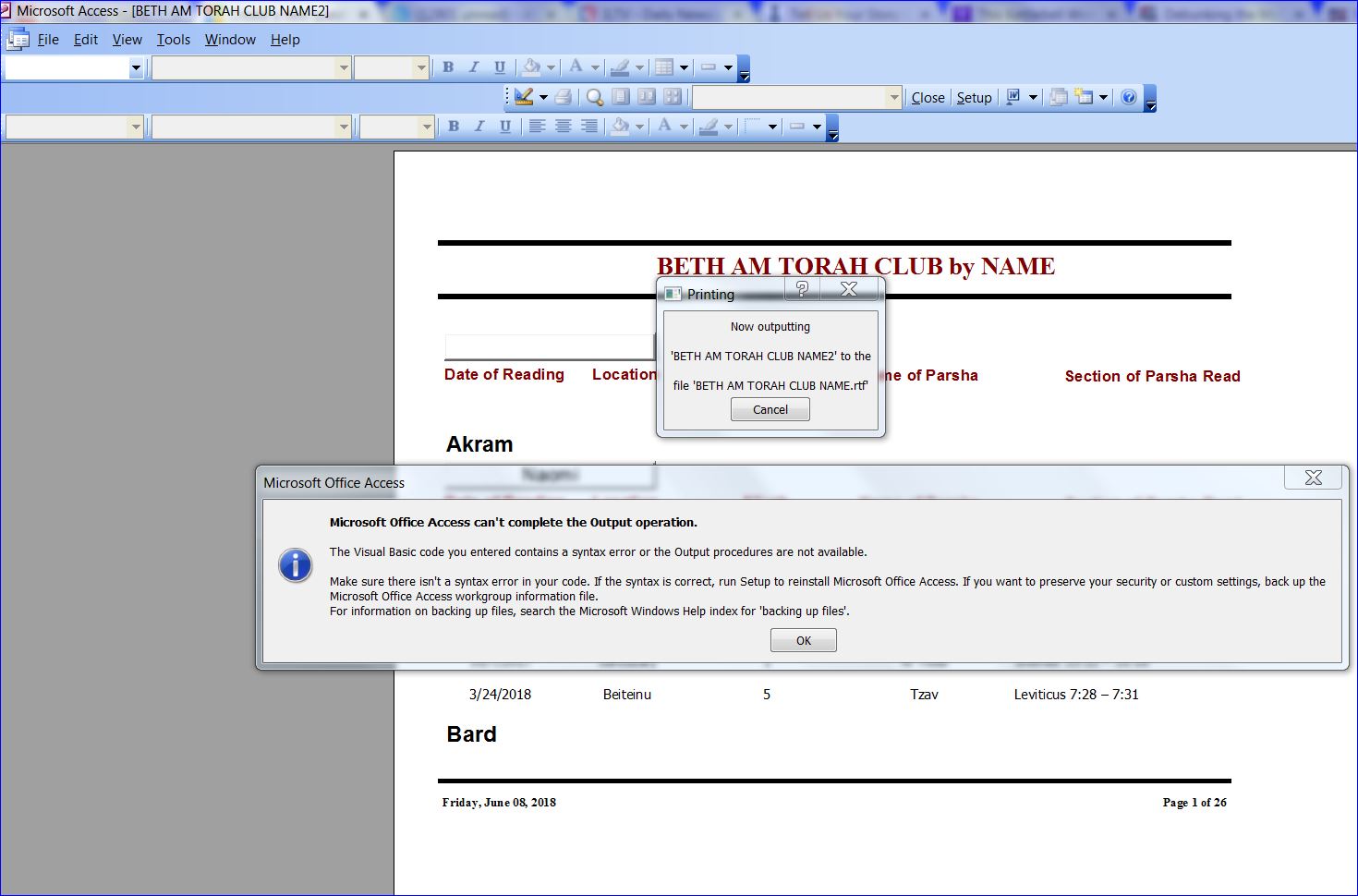 ACCESS 2003 Visual basic code you entered contains a syntax error