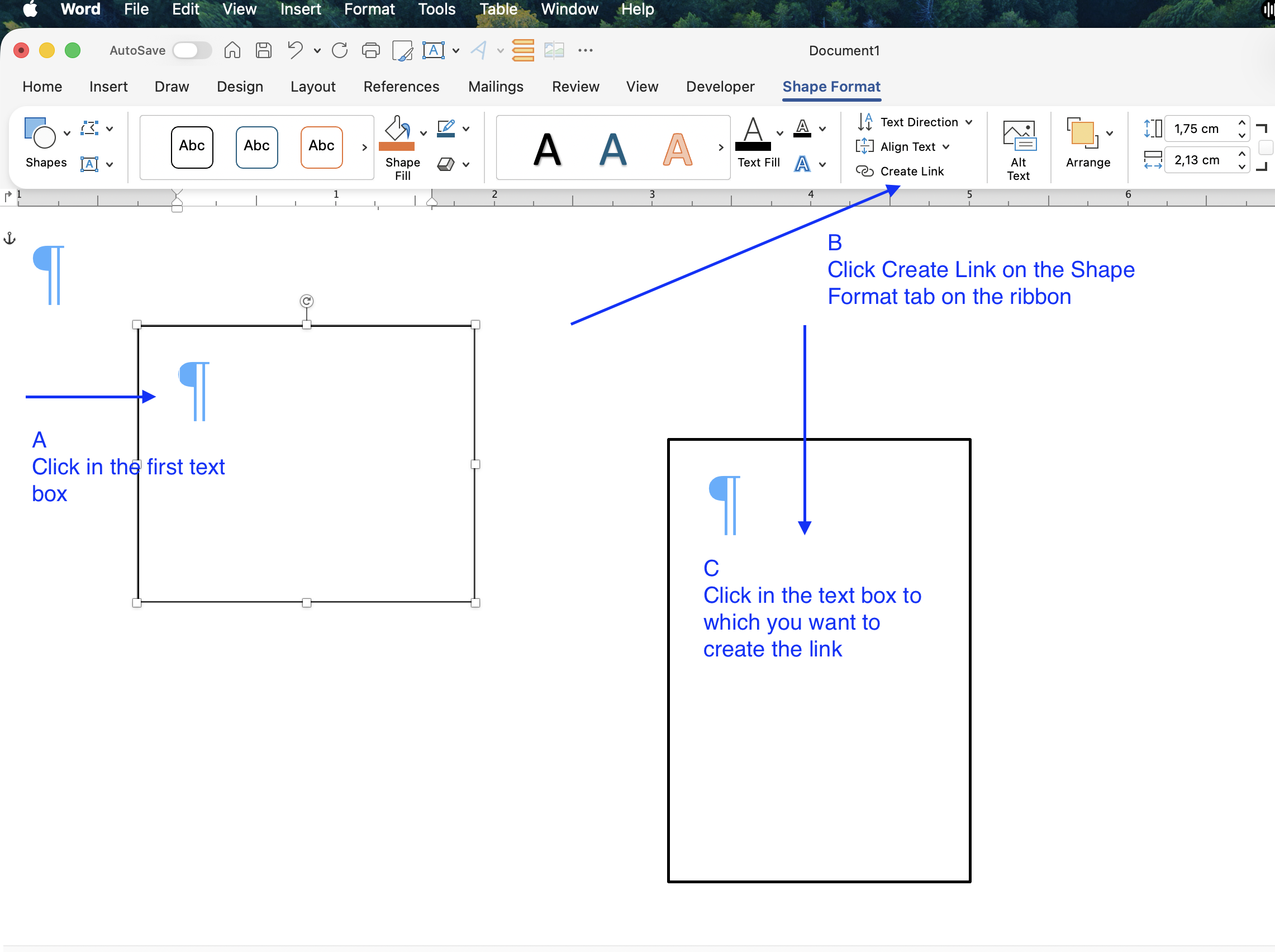 Screen shot of text box linking in Word