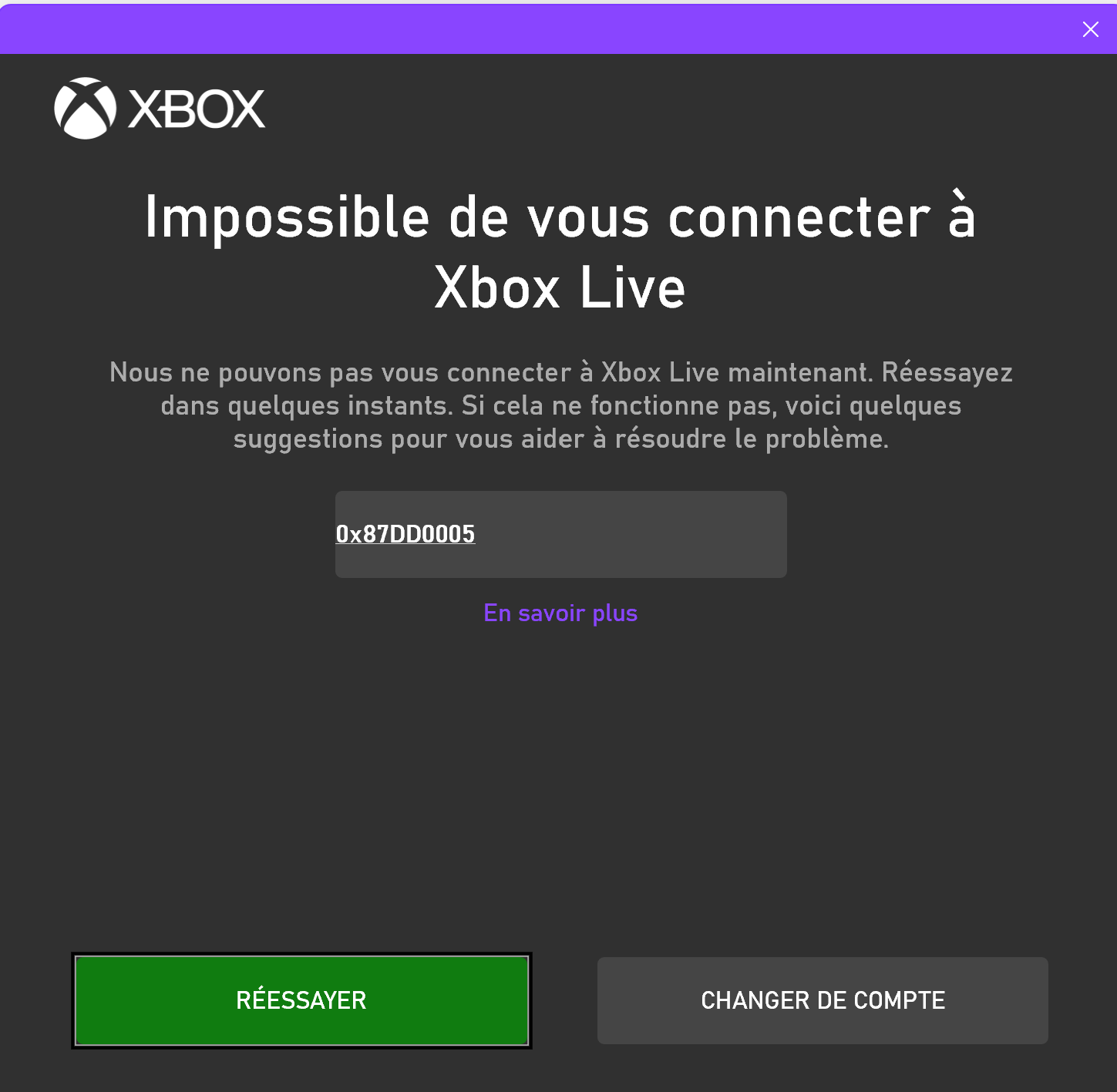 erreur XBOX jeu