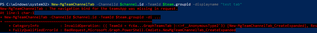 Error when trying to create new tab in MS Teams channel with Powershell ...