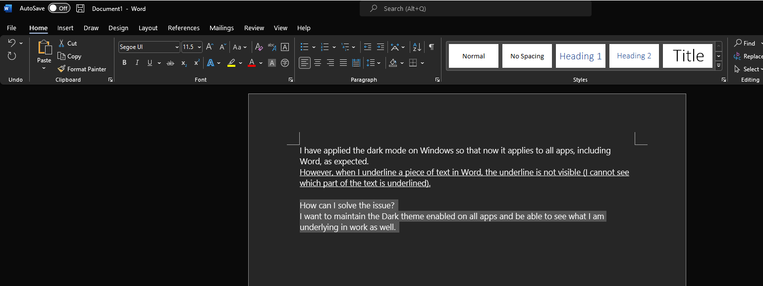 Text underline is not visible in Word with Dark Theme enabled ...