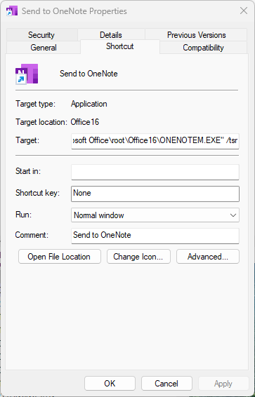 OneNote startup shortcut