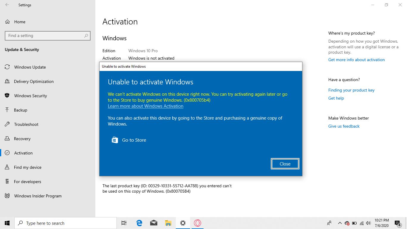 Window 10 Pro Activate Error 0x800705B4 - Microsoft Q&A