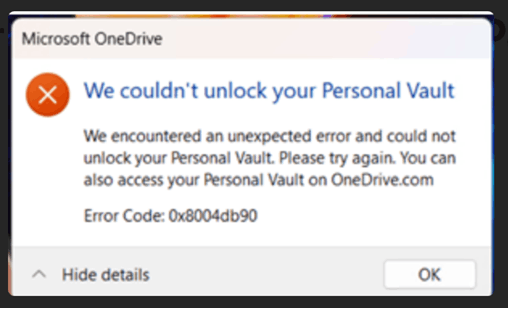 We Couldn't unlock your personal vault