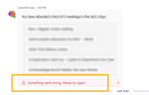 Teams app ：adaptive card showing a message "Something went wrong ...