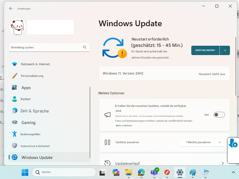 EinstellungenXtistWindows UpdateQEinstellung suchen!Neustart erforderlich (geschätzt: 15 - 45 Min.)Ihr Gerät wird außerhalb der aktiven Stunden neu gestartet.Jetzt neu startenNetzwerk & InternetC..Co.PersonalisierungWindows 11, Version 24H2Neustart steht ausAppsWeitere OptionenCo.KontenCo.LZeit & Sprache+Erhalten Sie die neuesten Updates, sobald sie verfügbar sindGamingGehören Sie zu den Ersten, die die neuesten nicht sicherheitsrelevanten Updates, Fixes und Verbesserungen erhalten, sobald sie veröffentlicht werden.AusaBedienungshilfenMehr erfahrenDatenschutz & Sicherheit00Updates pausieren1 Woche pausieren>1Windows UpdateLUpdateverlaufSuchenM365