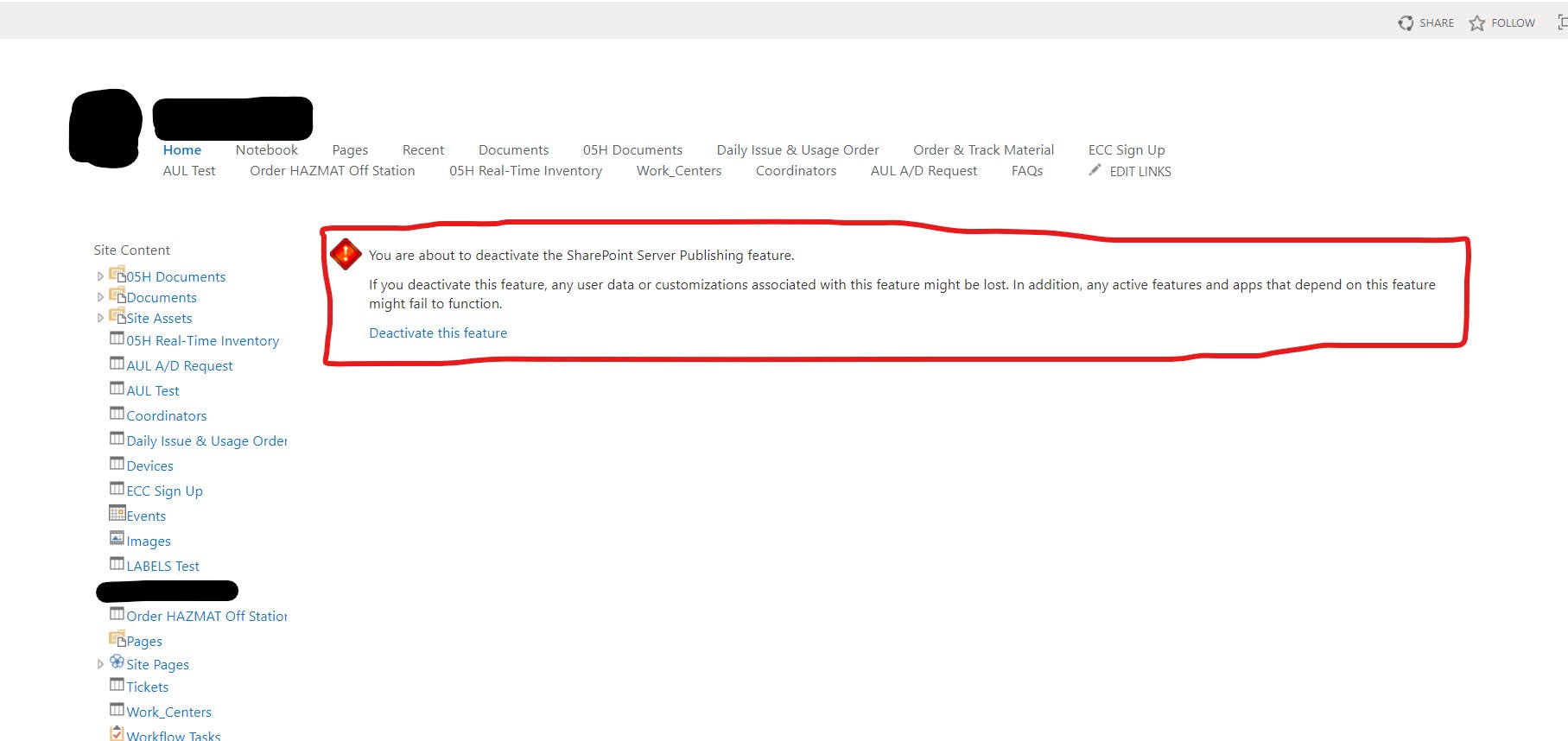 Deactive sharepoint server publishing feature