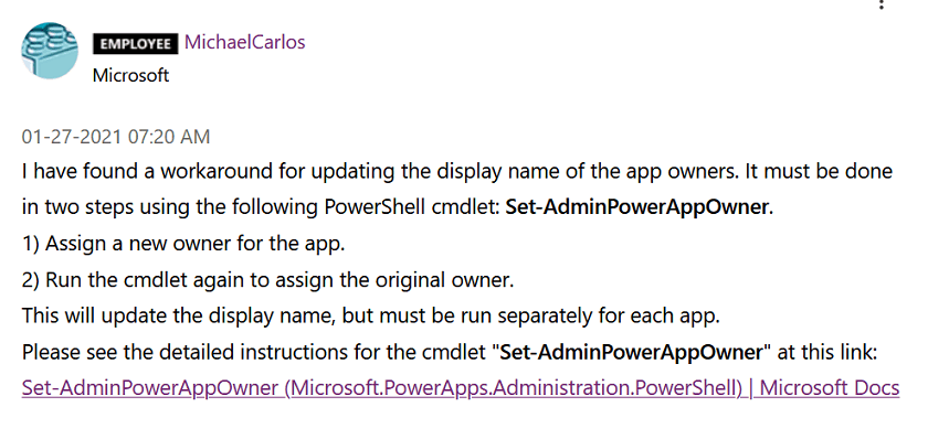 Apps created in Power Apps show owner as old name and not updated name ...