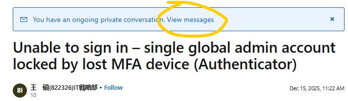 Unable to sign in – single global admin account locked by lost MFA