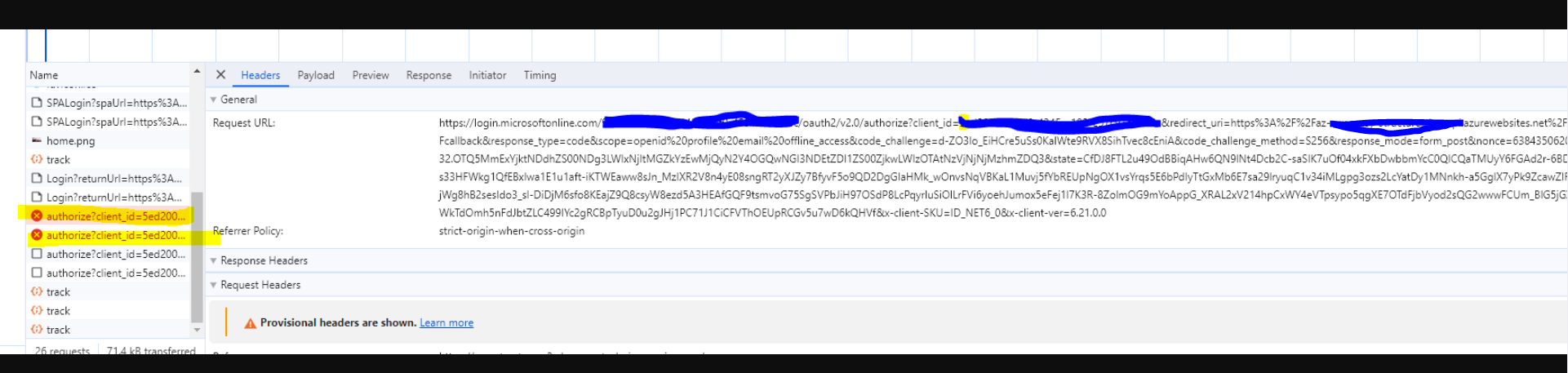 Why Azure auth/callback authentication throwing error only for APIM URL ... image.