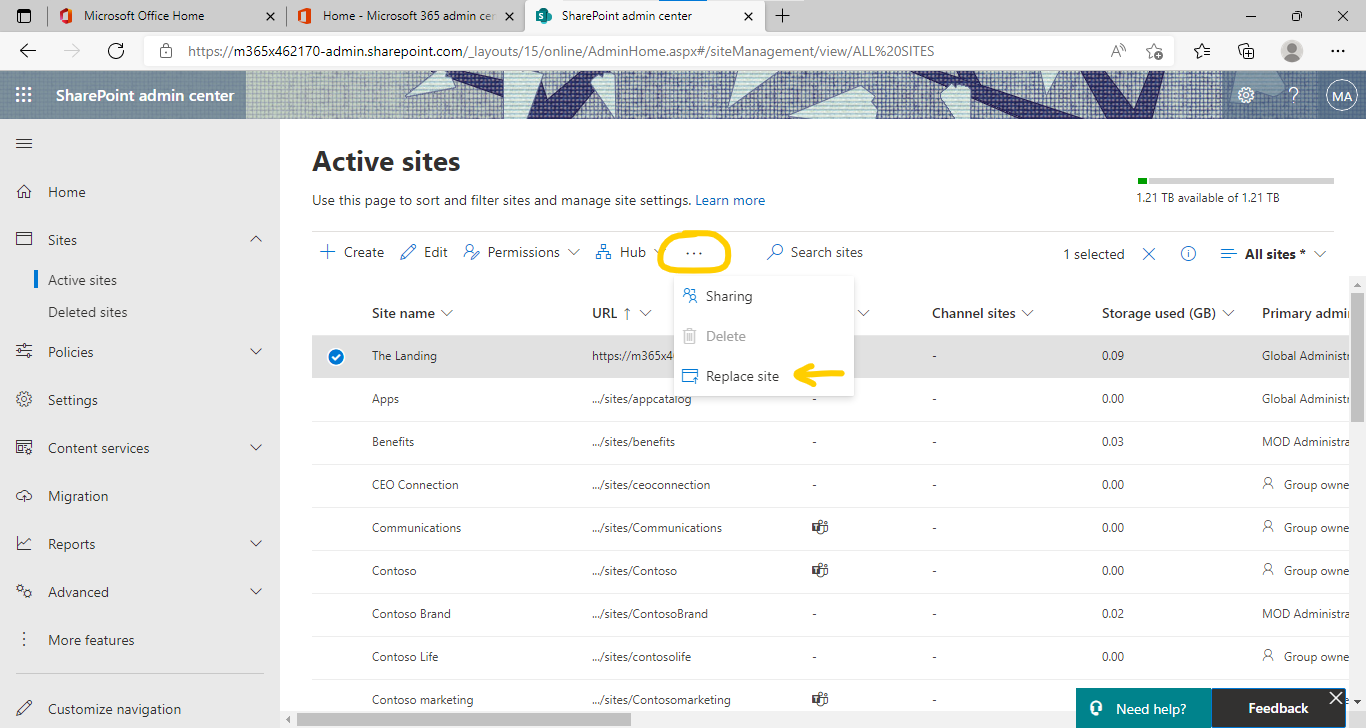 More options - replace site - root site