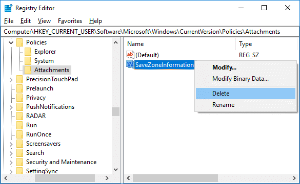 To enable Zone information, right-click on SaveZoneInformation DWORD & select Delete