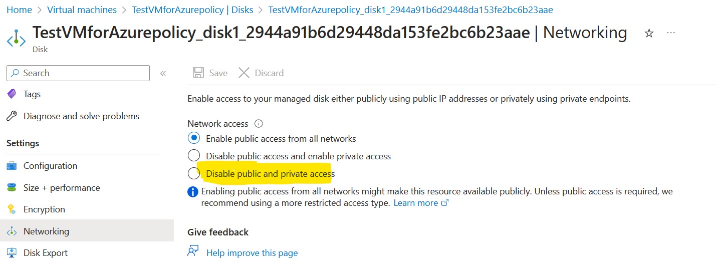 Azure Disk NW Options