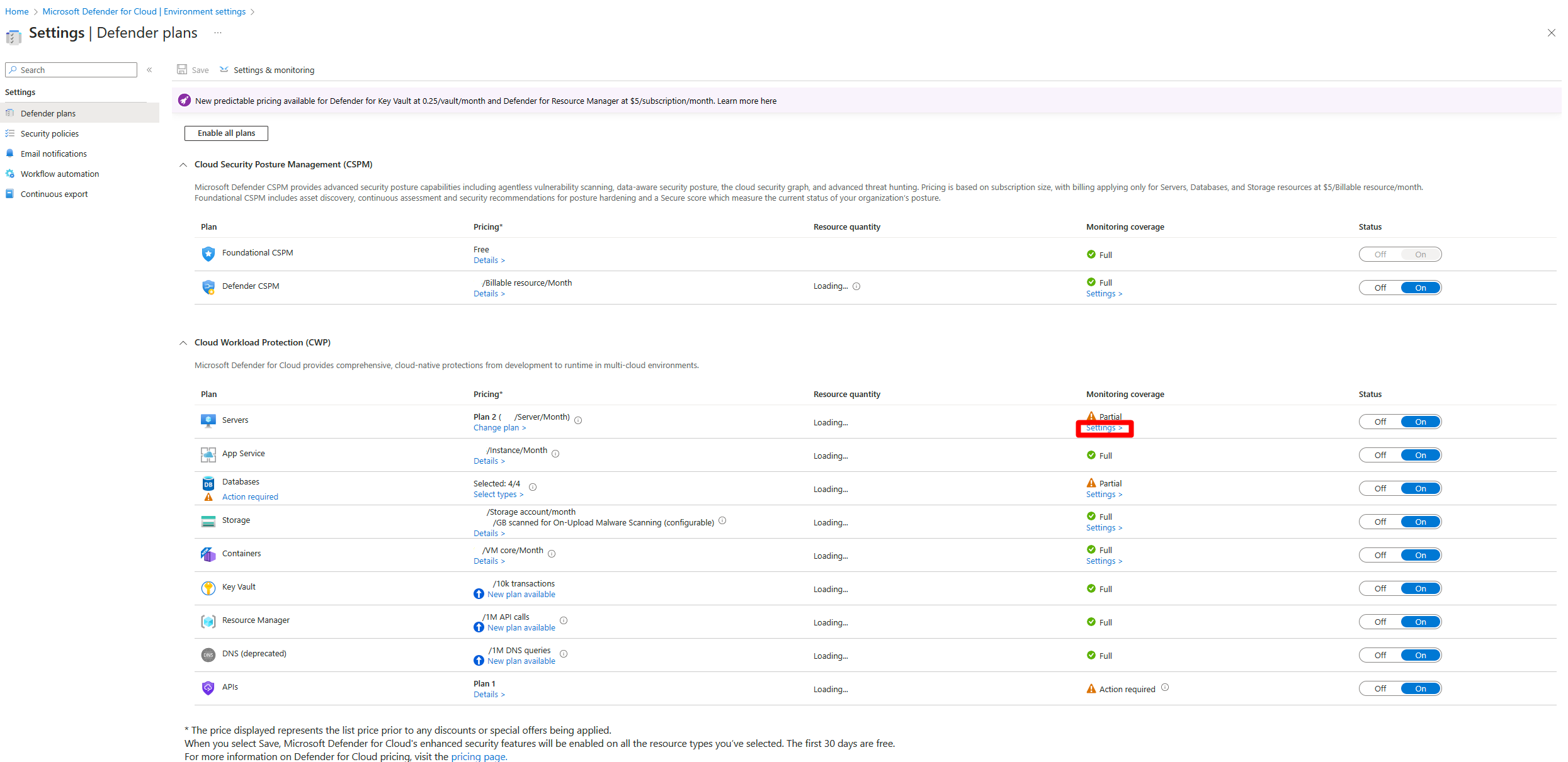 Screenshot of the Defender for Cloud plan page that shows where to locate and select the settings button under the servers plan.