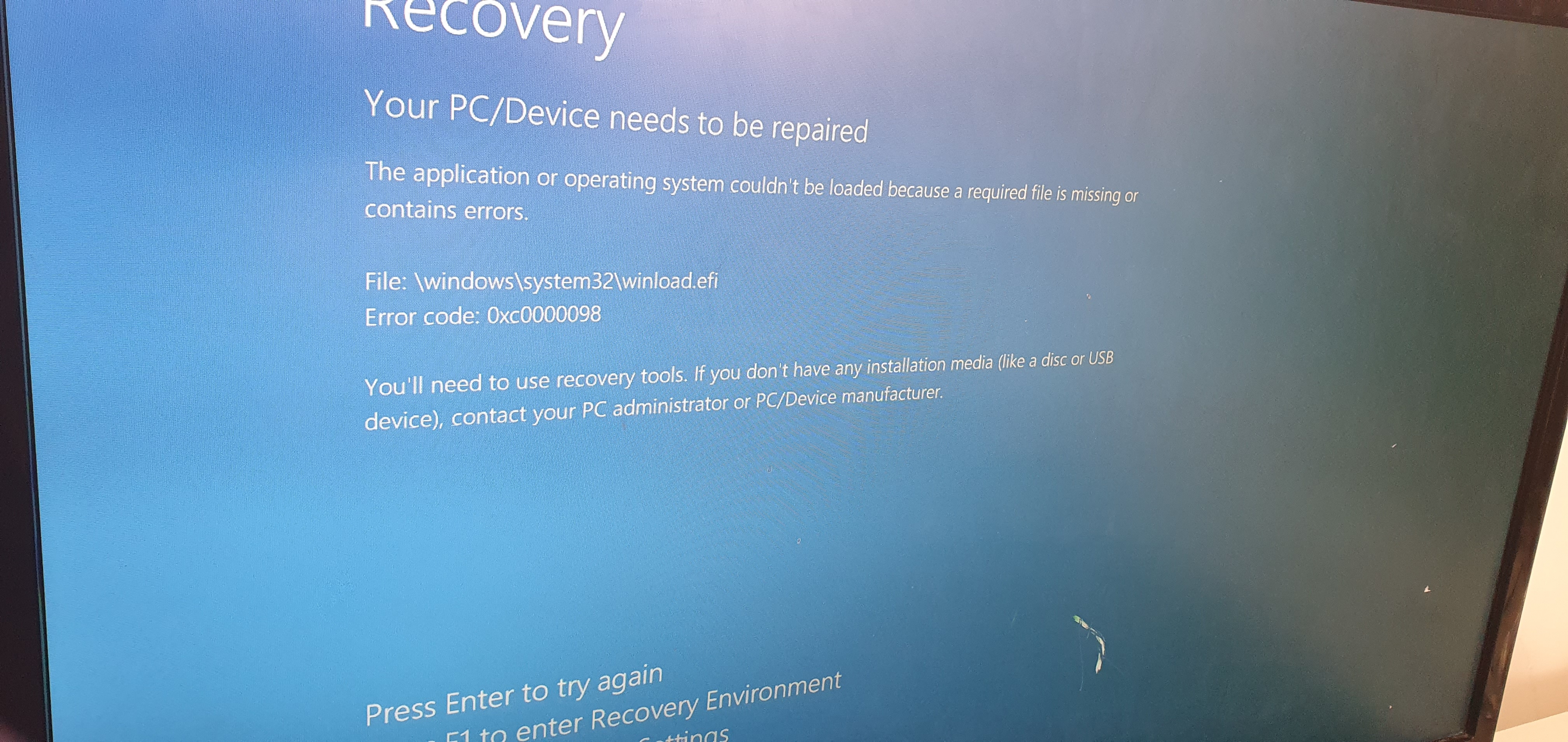 When I restart holding shift it blue screens with error code 0xc0000098 ...