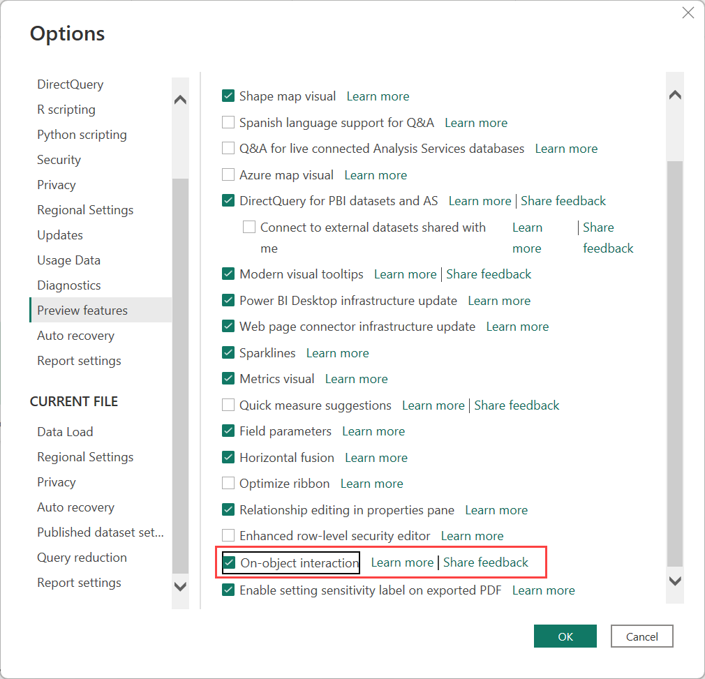 Screenshot showing turning on preview feature.