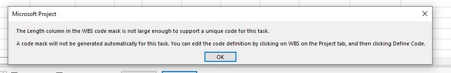 Trying to insert a new task in Project but getting error message 