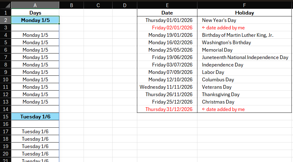 How do I get the shown date pattern to continue through the year in ...