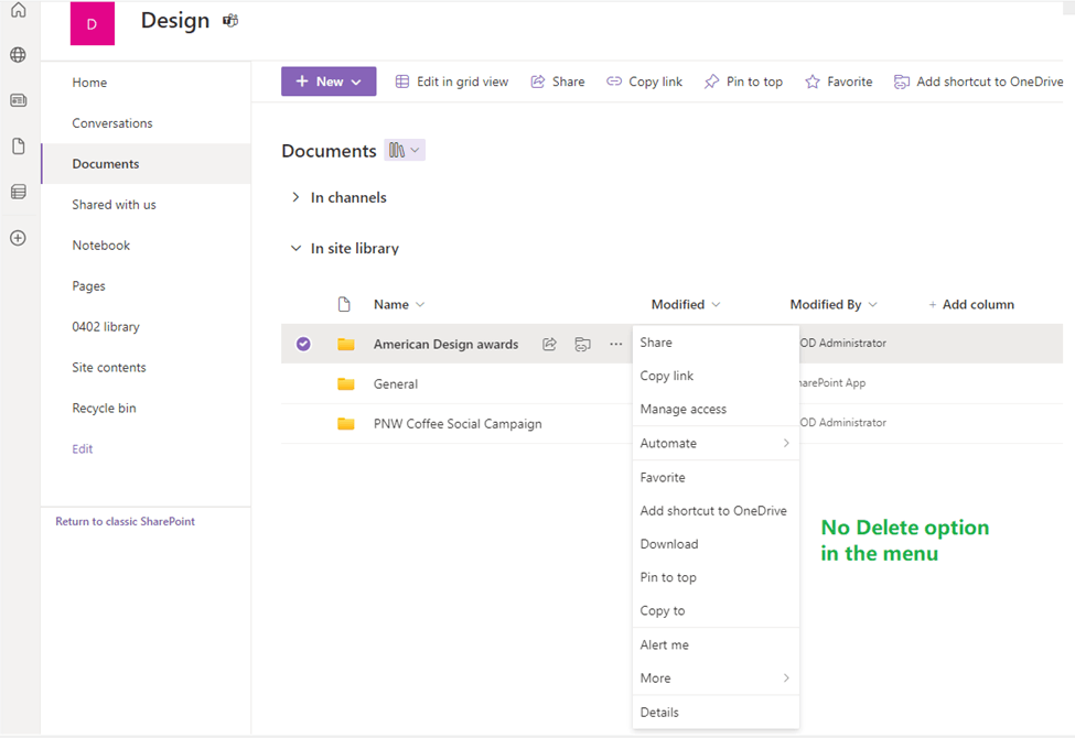 Delete option missing for Sharepoint Library - Microsoft Q&A