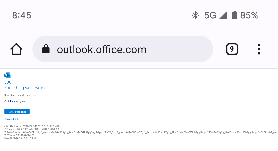 Outlook error "500 Something went wrong" when opening Outlook in ...