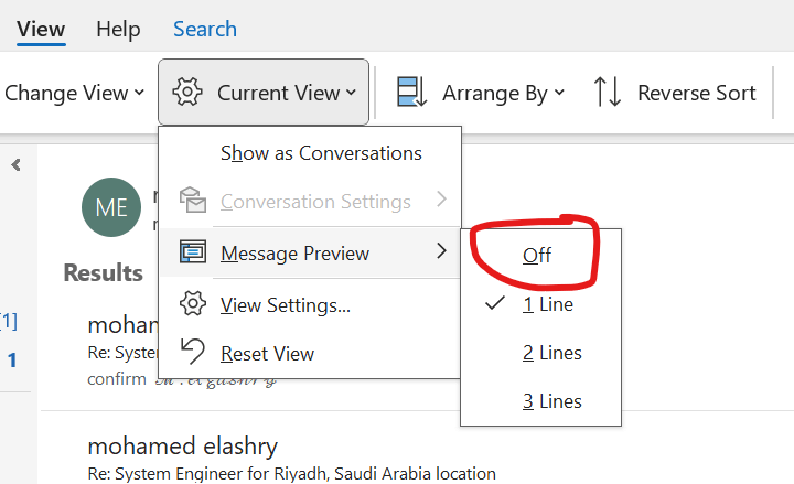 microsoft outlook email change view